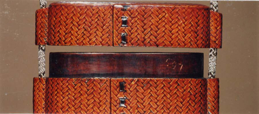 Basketry Inrō, Three cases; plaited bamboo or rattan covered with lacquer (urushi) Netsuke: edamame; ivory Ojime: bamboo; bronze with gold inlays, Japan