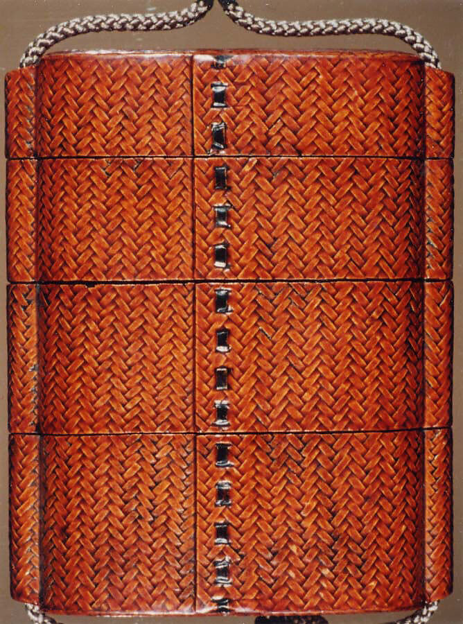 Basketry Inrō, Three cases; plaited bamboo or rattan covered with lacquer (urushi) Netsuke: edamame; ivory Ojime: bamboo; bronze with gold inlays, Japan