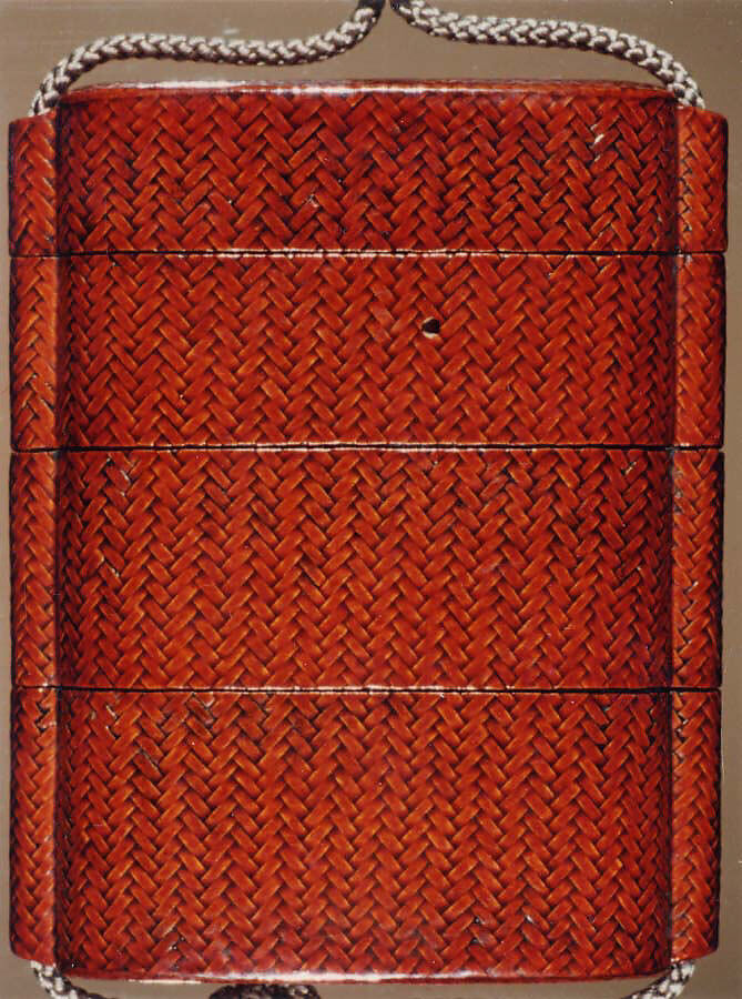 Basketry Inrō, Three cases; plaited bamboo or rattan covered with lacquer (urushi) Netsuke: edamame; ivory Ojime: bamboo; bronze with gold inlays, Japan