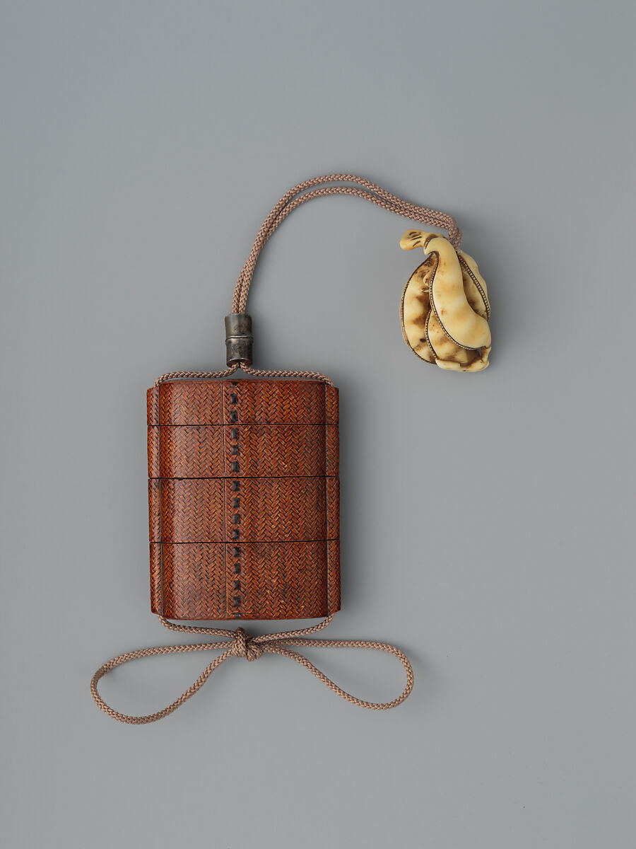 Basketry Inrō, Three cases; plaited bamboo or rattan covered with lacquer (urushi) Netsuke: edamame; ivory Ojime: bamboo; bronze with gold inlays, Japan