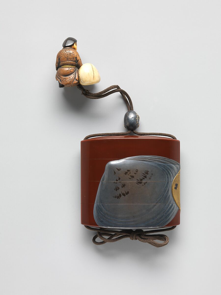 Case (Inrō) with Design of Clamshells and Fireflies, Koma Yasutada (Japanese), Case: powdered gold and silver (maki-e) and gold foil on red lacquer with mother-of-pearl inlay; Fastener (ojime): silver with design of bird and flowers in gold; Toggle (netsuke): carved ivory and colored lacquer with design of Daikoku in ivory and carnelian inlays, Japan
