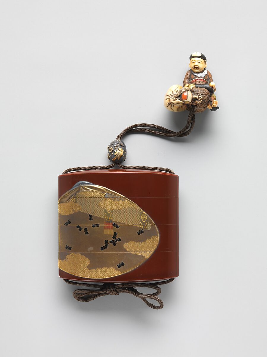 Case (Inrō) with Design of Clamshells and Fireflies, Koma Yasutada (Japanese), Case: powdered gold and silver (maki-e) and gold foil on red lacquer with mother-of-pearl inlay; Fastener (ojime): silver with design of bird and flowers in gold; Toggle (netsuke): carved ivory and colored lacquer with design of Daikoku in ivory and carnelian inlays, Japan 