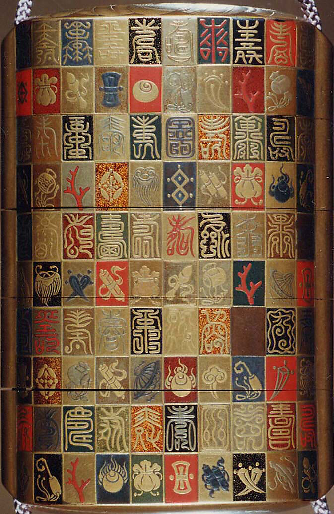 Inrō with the Characters for Longevity and Good Fortune and the “Seven Lucky Treasures” on Checkerboard Ground, Four cases; lacquered wood with gold and silver, red lacquer hiramaki-e, togidashimaki-e, applied gold foil on black, gold, silver, and nashiji ground, Japan