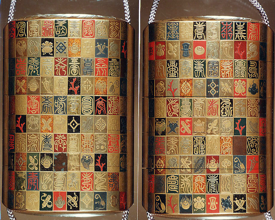 Inrō with the Characters for Longevity and Good Fortune and the “Seven Lucky Treasures” on Checkerboard Ground, Four cases; lacquered wood with gold and silver, red lacquer hiramaki-e, togidashimaki-e, applied gold foil on black, gold, silver, and nashiji ground, Japan