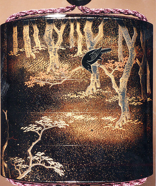 Case (Inrō) with Design of Trees, Crow, and Moon, Takamaki-e with nashiji, gold and silver foil, and silver inlay on black lacquer; Interior: nashiji and fundame; Ojime: bead of inlaid metals and alloys; Netsuke: flowers, moon, and poem in gold lacquer on dark wood (signed: Designed by Hoitsu), Japan