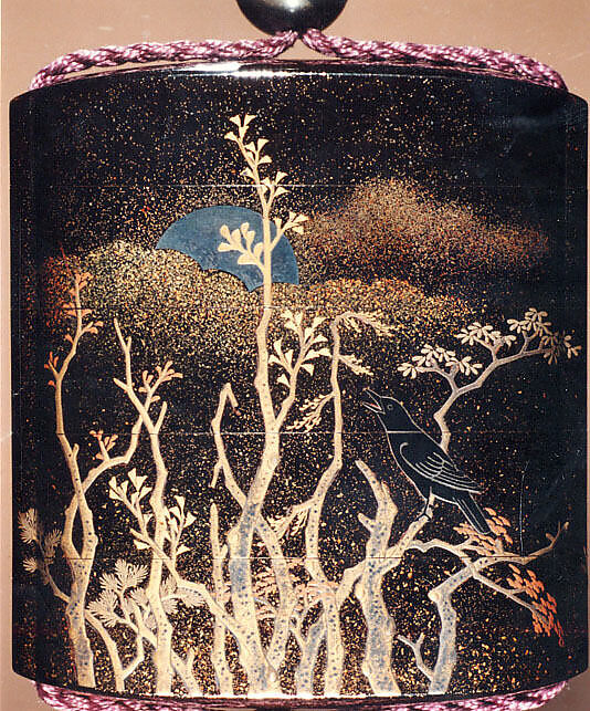Case (Inrō) with Design of Trees, Crow, and Moon, Takamaki-e with nashiji, gold and silver foil, and silver inlay on black lacquer; Interior: nashiji and fundame; Ojime: bead of inlaid metals and alloys; Netsuke: flowers, moon, and poem in gold lacquer on dark wood (signed: Designed by Hoitsu), Japan