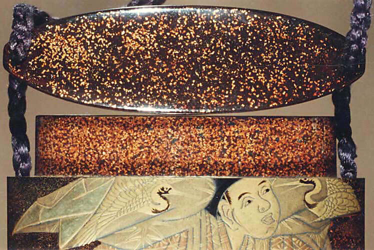 Inrō with Sanbasō Dancers, Four cases; lacquered wood with gold, silver hiramaki-e, togidashimaki-e, and cut-out gold foil on nashiji (“pear-skin”) groundNetsuke: box with mouth organ (shō) and pouch; ivory with inlaysOjime: lacquer bead, Japan