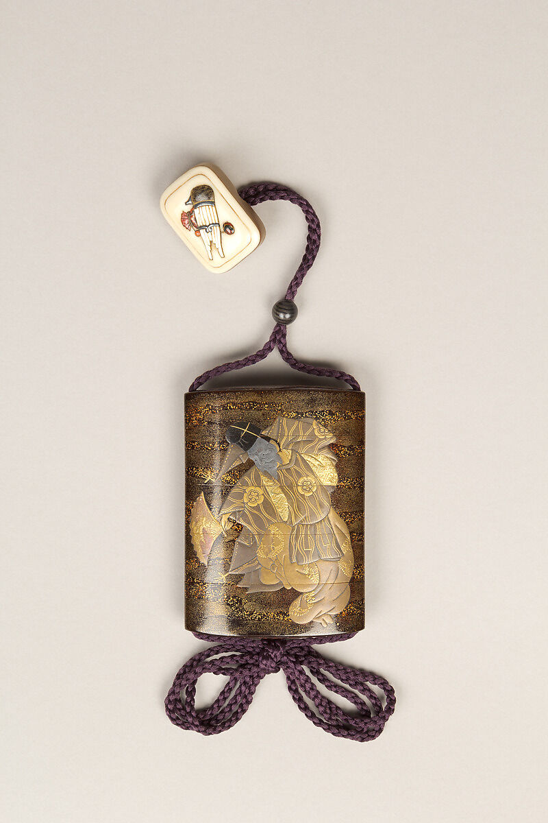 Inrō with Sanbasō Dancers, Four cases; lacquered wood with gold, silver hiramaki-e, togidashimaki-e, and cut-out gold foil on nashiji (“pear-skin”) groundNetsuke: box with mouth organ (shō) and pouch; ivory with inlaysOjime: lacquer bead, Japan