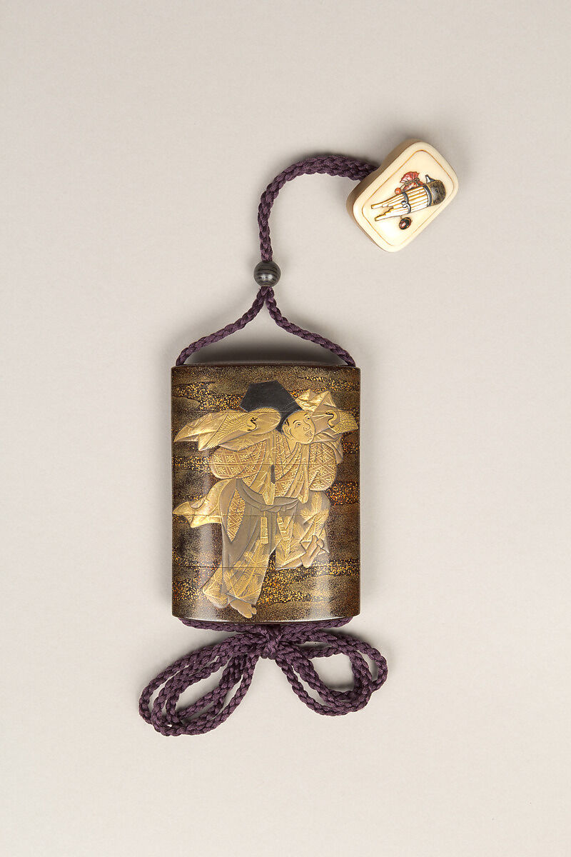 Inrō with Sanbasō Dancers, Four cases; lacquered wood with gold, silver hiramaki-e, togidashimaki-e, and cut-out gold foil on nashiji (“pear-skin”) ground<br/>Netsuke: box with mouth organ (shō) and pouch; ivory with inlays<br/>Ojime: lacquer bead, Japan