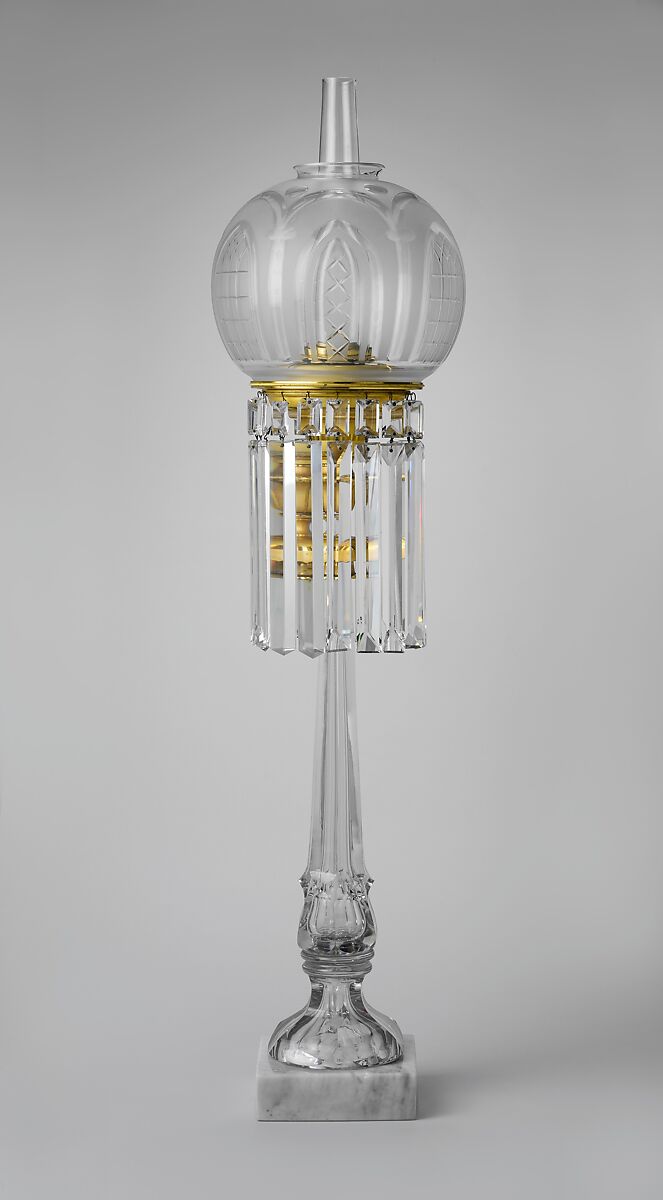 Lamp, Blown, cut, and engraved glass; marble, American 