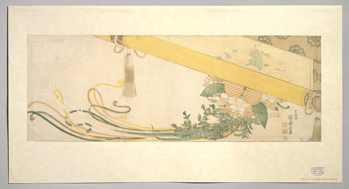 Basket of Flowers with Bamboo Blind, Katsushika Hokusai (Japanese, Tokyo (Edo) 1760–1849 Tokyo (Edo)), Woodblock print (surimono); ink and color on paper, Japan