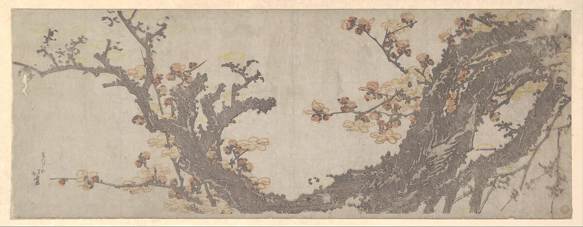 Ancient Plum Tree in Bloom, Katsushika Hokusai (Japanese, Tokyo (Edo) 1760–1849 Tokyo (Edo)), Woodblock print (surimono); ink and color on paper, Japan 