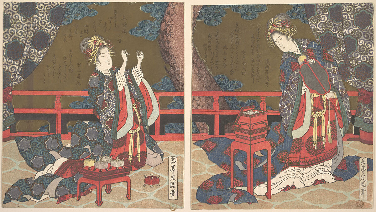 Two Ladies on a Verandah, One with Fan, the Other Threading a Needle, Yashima Gakutei (Japanese, 1786?–1868), Diptych of woodblock prints (surimono); ink and color on paper, Japan 