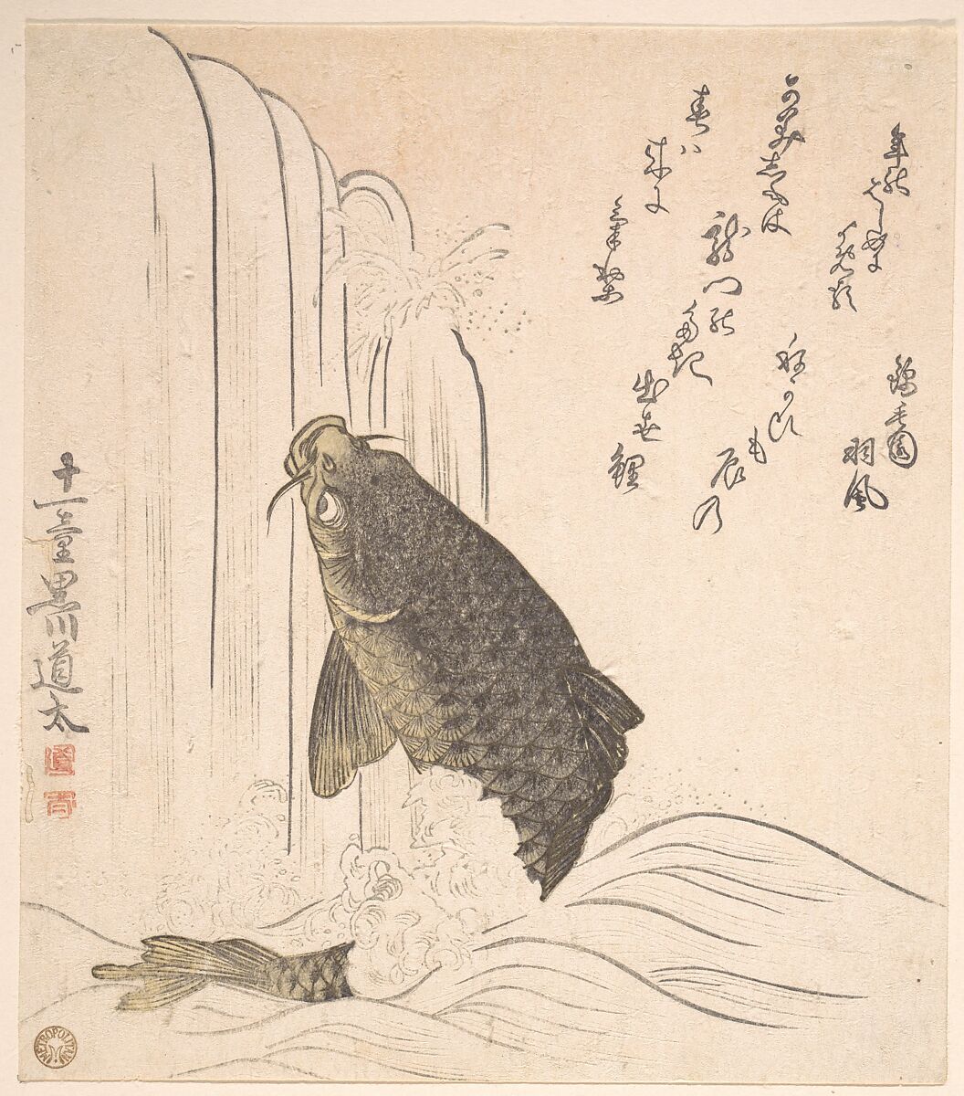 Carp Trying to Swim up a Waterfall, Kurokawa Michita (Japanese, active early 19th century), Woodblock print (surimono); ink and color on paper, Japan 