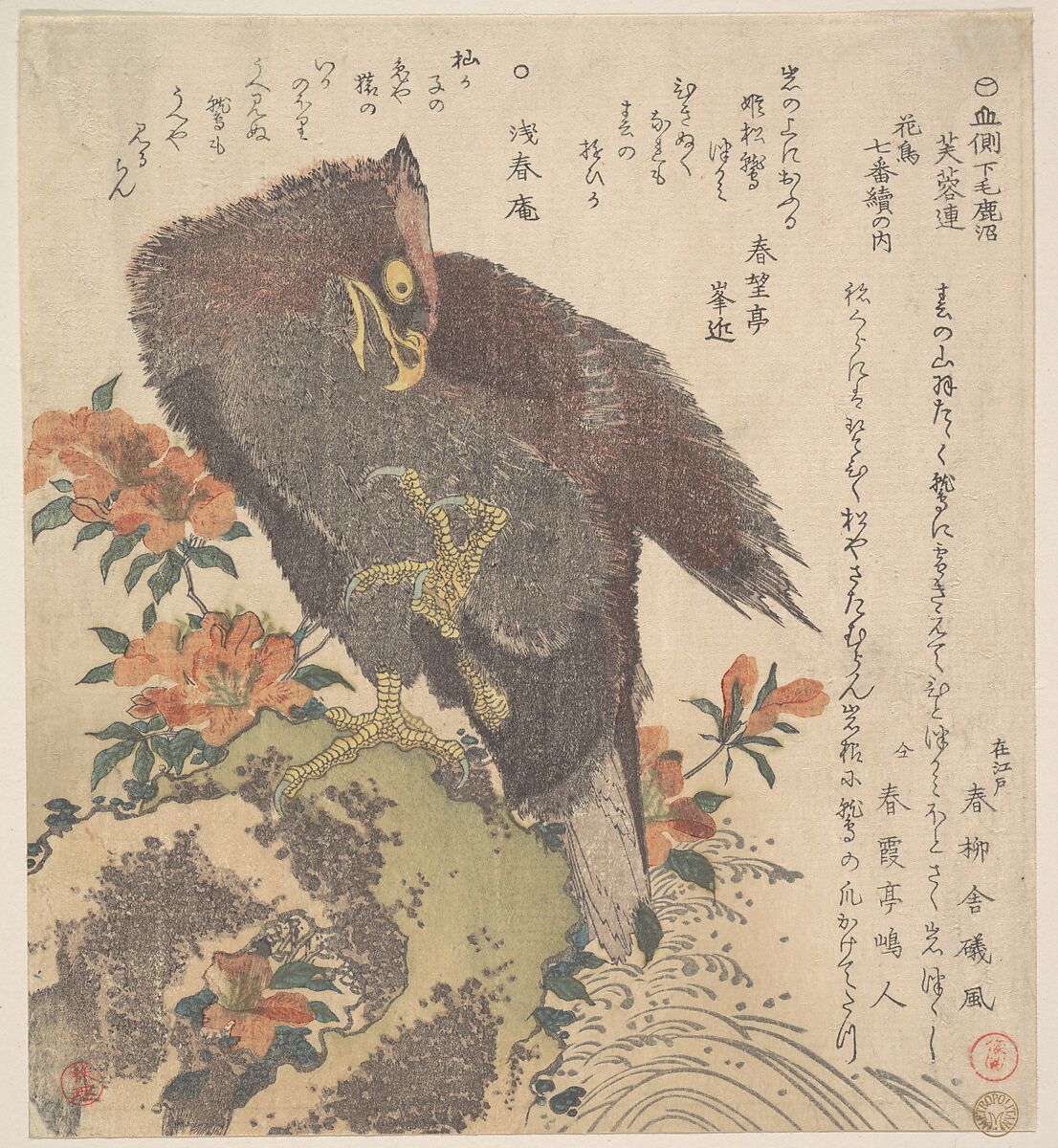 Eagle on a Rock; Flowering Azaleas, Kubo Shunman (Japanese, 1757–1820), Woodblock print (surimono); ink and color on paper, Japan 