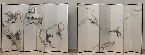 Monkeys, Miki Suizan (Japanese, 1887–1957), Pair of six-panel folding screens; ink on silvered paper, Japan