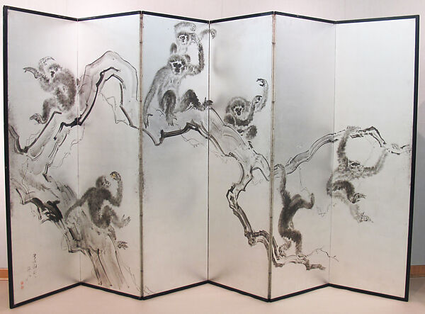 Monkeys, Miki Suizan (Japanese, 1887–1957), Pair of six-panel folding screens; ink on silvered paper, Japan