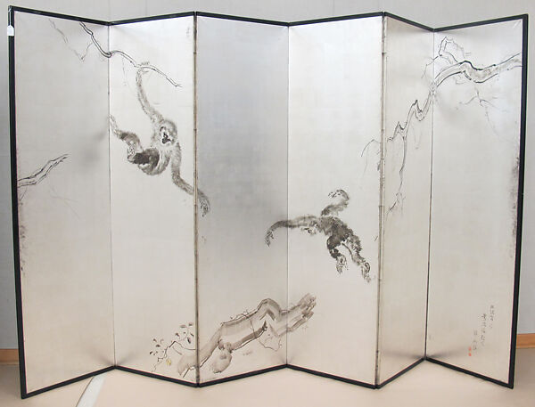 Monkeys, Miki Suizan (Japanese, 1887–1957), Pair of six-panel folding screens; ink on silvered paper, Japan