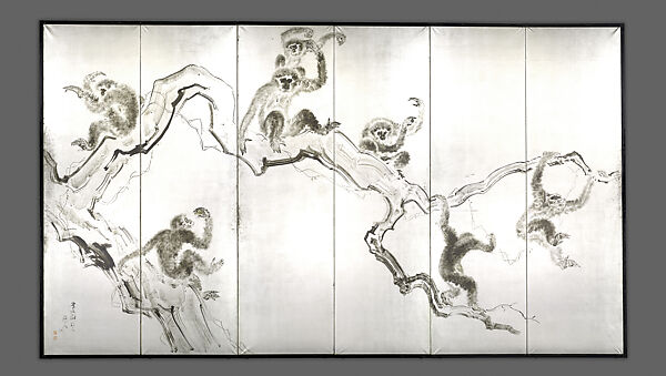 Monkeys, Miki Suizan (Japanese, 1887–1957), Pair of six-panel folding screens; ink on silvered paper, Japan