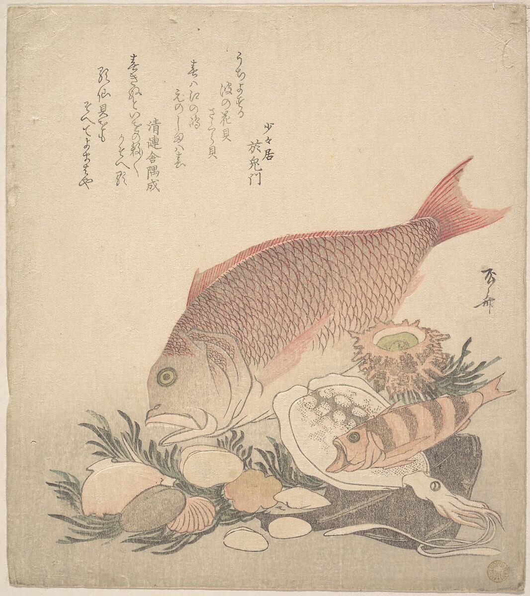 Large and Small Fish Swimming Among Shells and Moss at the Bottom of the Sea, Ryūryūkyo Shinsai (Japanese, active ca. 1799–1823), Woodblock print (surimono); ink and color on paper, Japan 