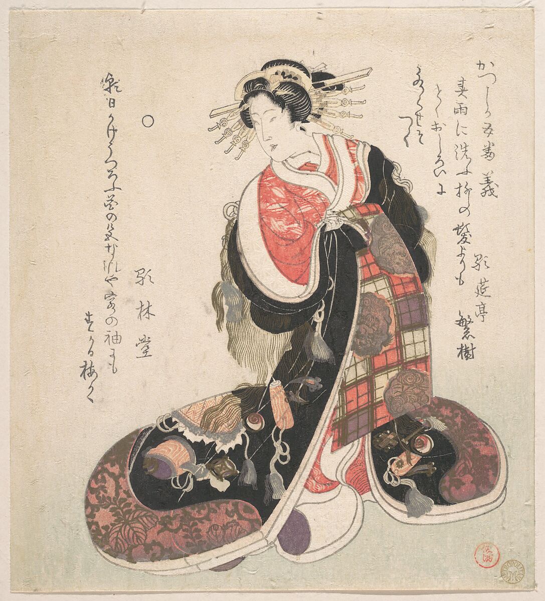 Courtesan Dressed in an Elaborate Gown Embroidered with Emblems of Good Luck, possibly Kubo Shunman (Japanese, 1757–1820), Woodblock print (surimono); ink and color on paper, Japan 