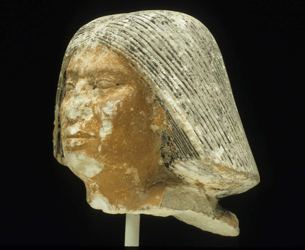 Head of a statue of an older man, Limestone, paint