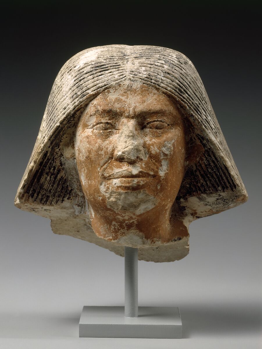 Head of a statue of an older man, Limestone, paint