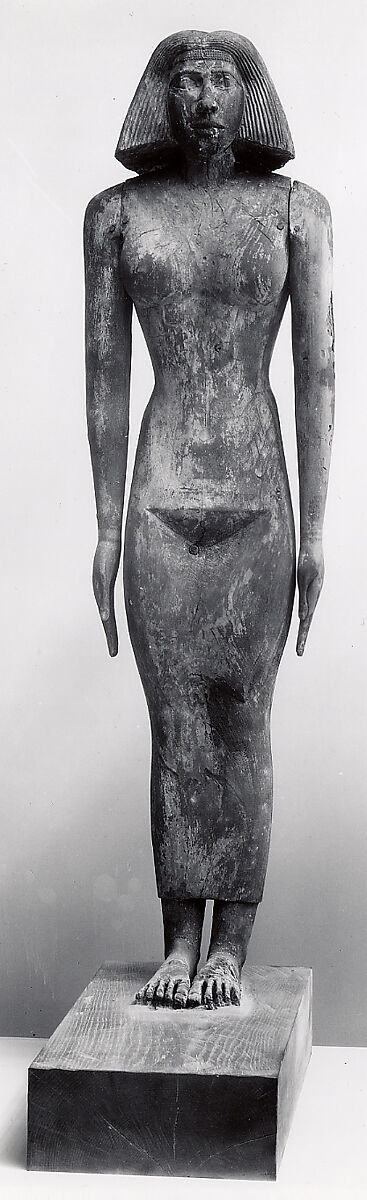 Standing statue of Mitry's wife, Acacia, paint (pink and white gesso layers), gesso
