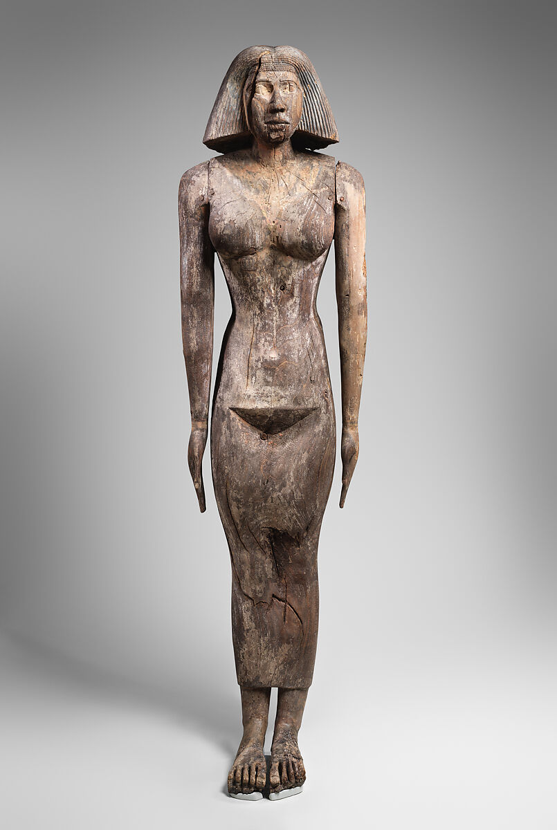 Standing statue of Mitry's wife, Acacia, paint (pink and white gesso layers), gesso 