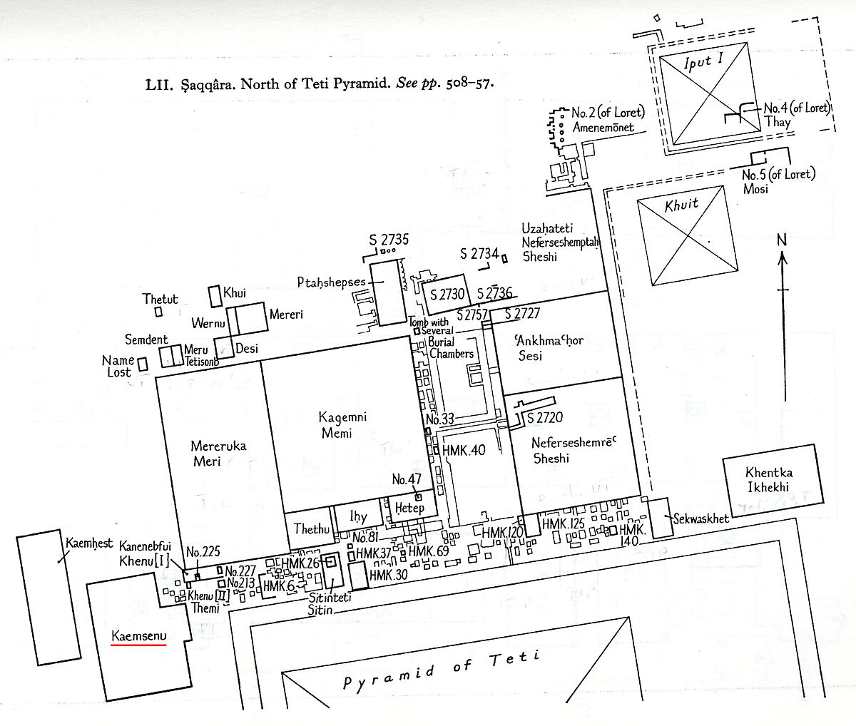 West wall of the chapel of the mastaba Kaemsenu with niches for Iretnub, Kaemsenu and Werdjedptah, Limestone, paint