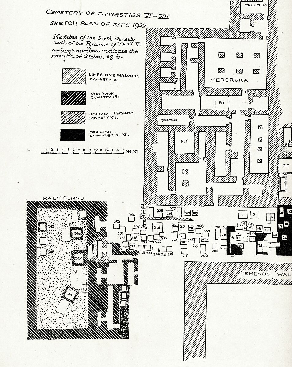 West wall of the chapel of the mastaba Kaemsenu with niches for Iretnub, Kaemsenu and Werdjedptah, Limestone, paint