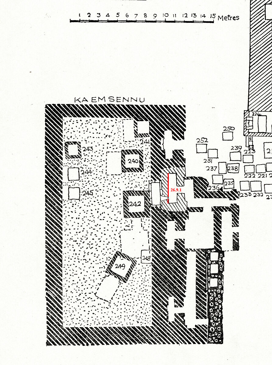 West wall of the chapel of the mastaba Kaemsenu with niches for Iretnub, Kaemsenu and Werdjedptah, Limestone, paint