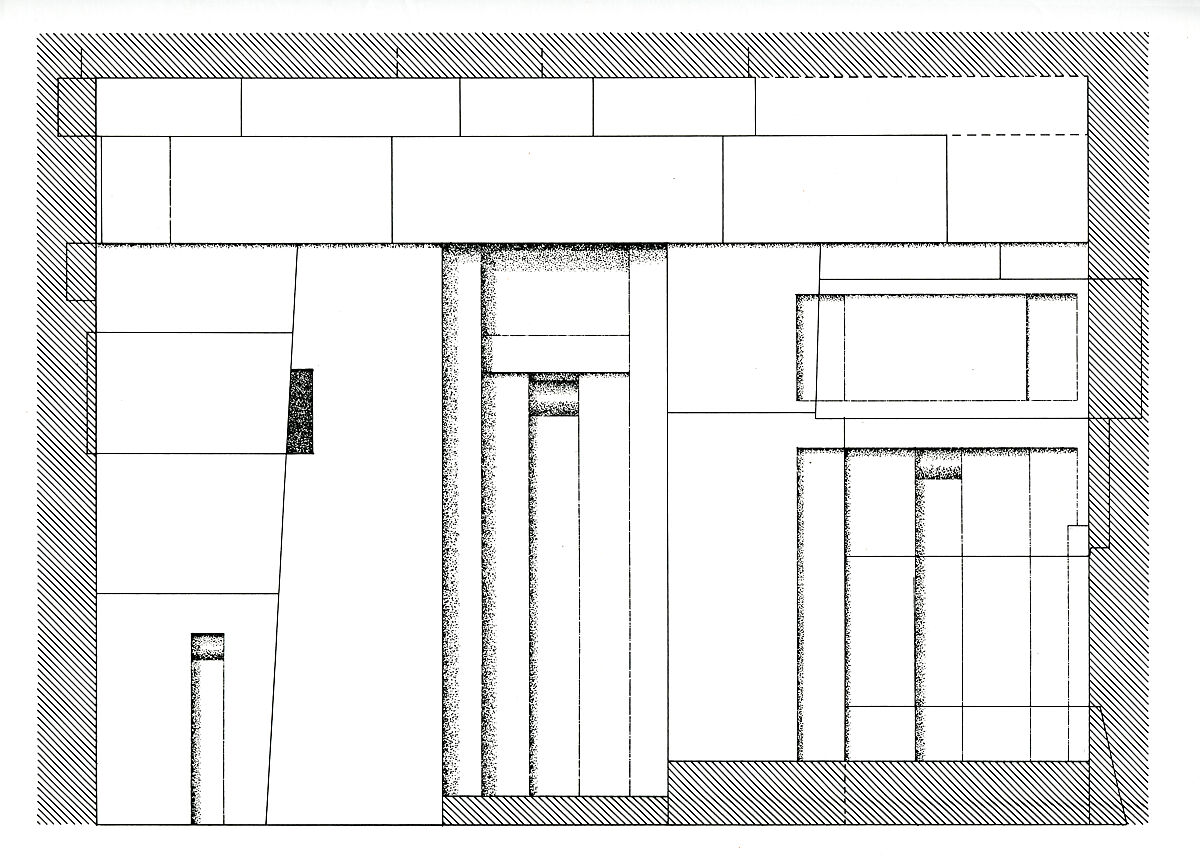 West wall of the chapel of the mastaba Kaemsenu with niches for Iretnub, Kaemsenu and Werdjedptah, Limestone, paint