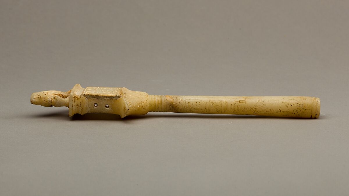 Sistrum Inscribed with the Names of King Teti, Travertine (Egyptian alabaster), pigment, resin