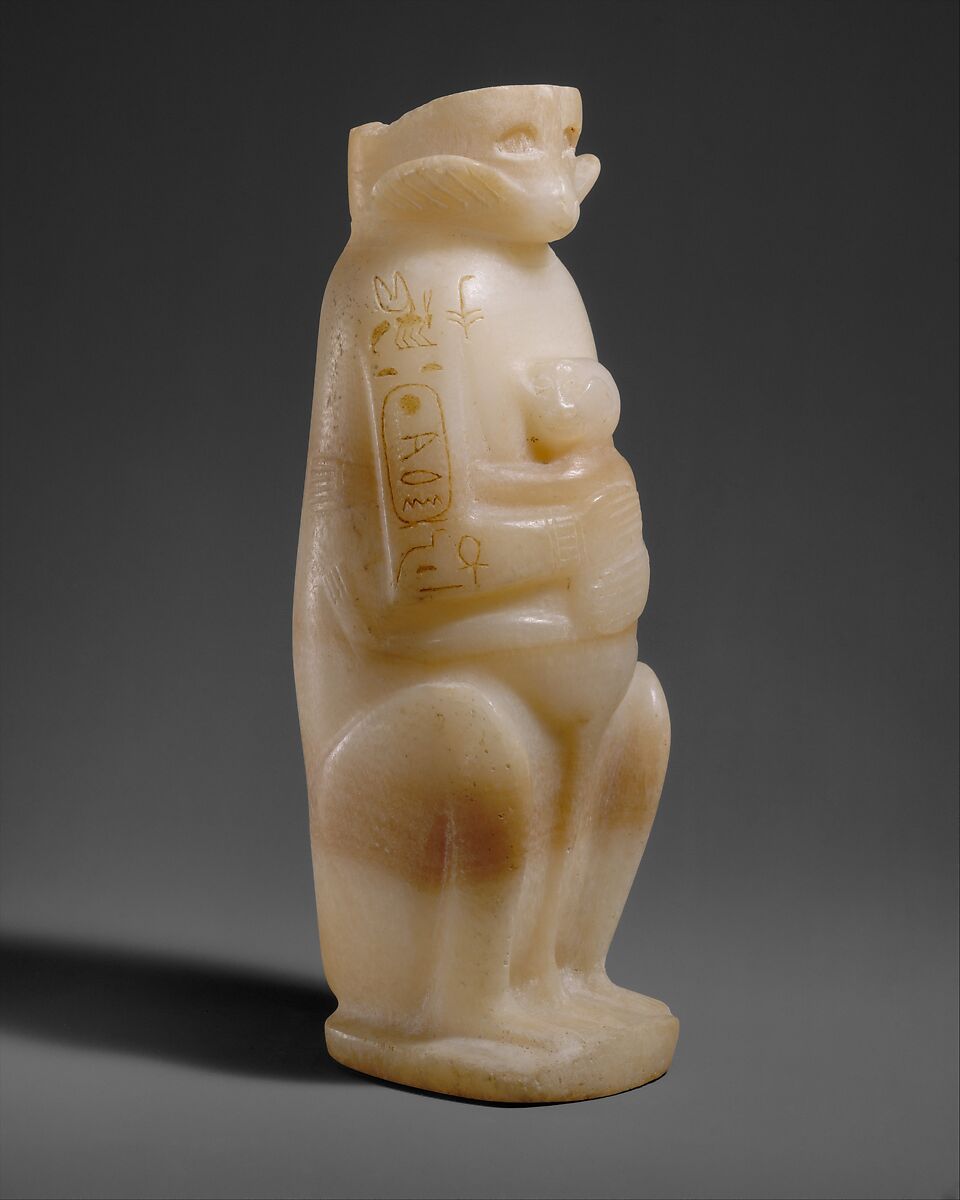 Vase in the Shape of Mother Monkey with Her Young, Travertine (Egyptian alabaster), paint, resin and pigment 