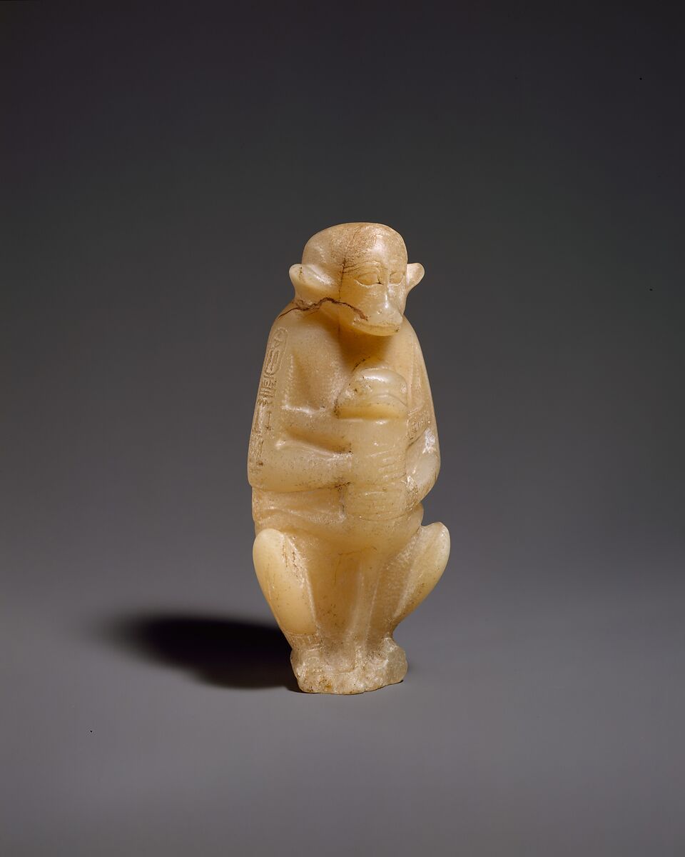 Vase in the Shape of a Mother Monkey with Her Offspring, Travertine (Egyptian alabaster), paint 