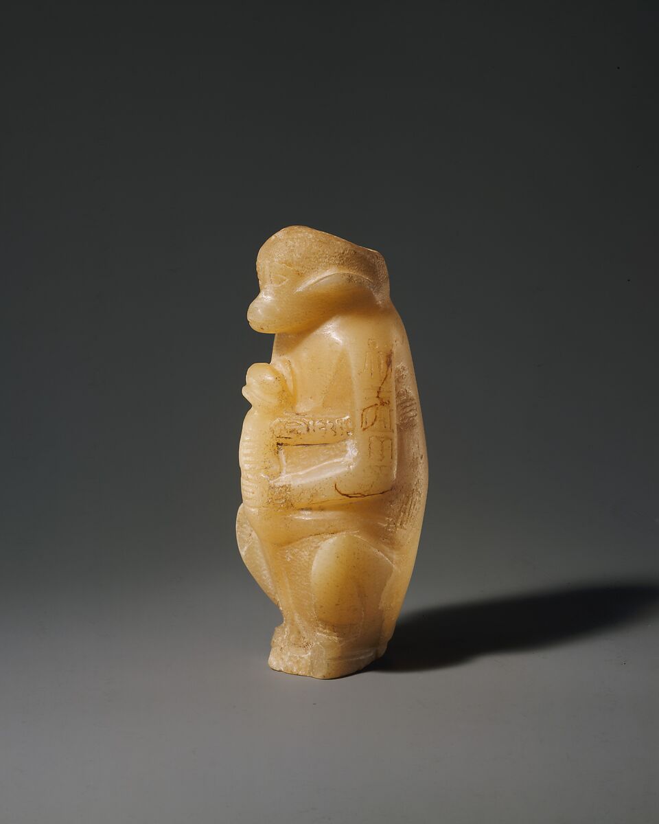 Vase in the Shape of a Mother Monkey with Her Offspring, Travertine (Egyptian alabaster), paint