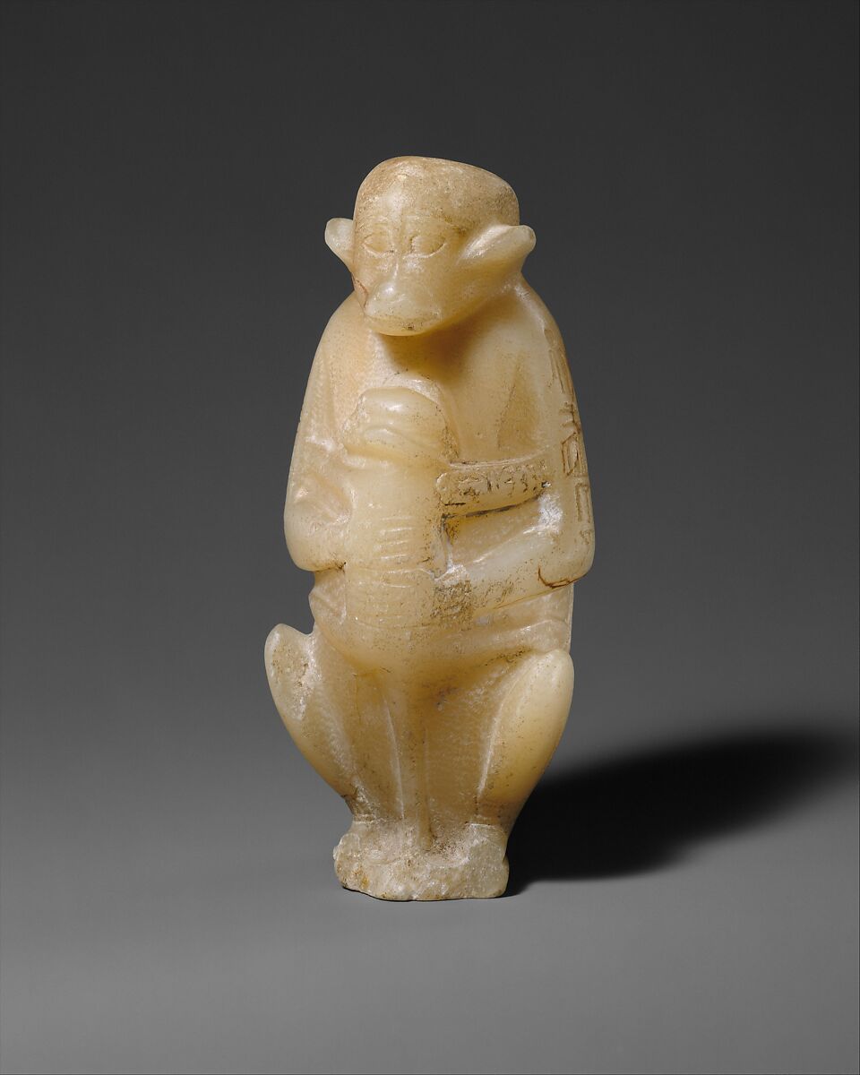 Vase in the Shape of a Mother Monkey with Her Offspring, Travertine (Egyptian alabaster), paint