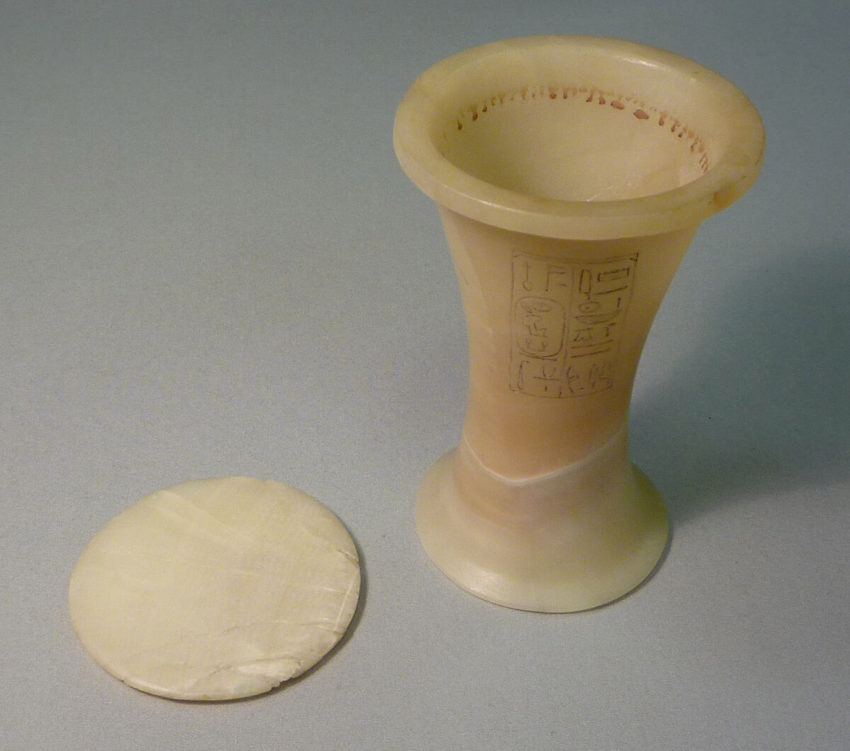 Ointment jar from a Foundation Deposit of Hatshepsut's Valley Temple, Travertine (Egyptian alabaster)