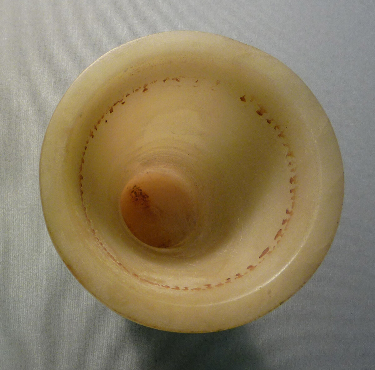 Ointment jar from a Foundation Deposit of Hatshepsut's Valley Temple, Travertine (Egyptian alabaster)