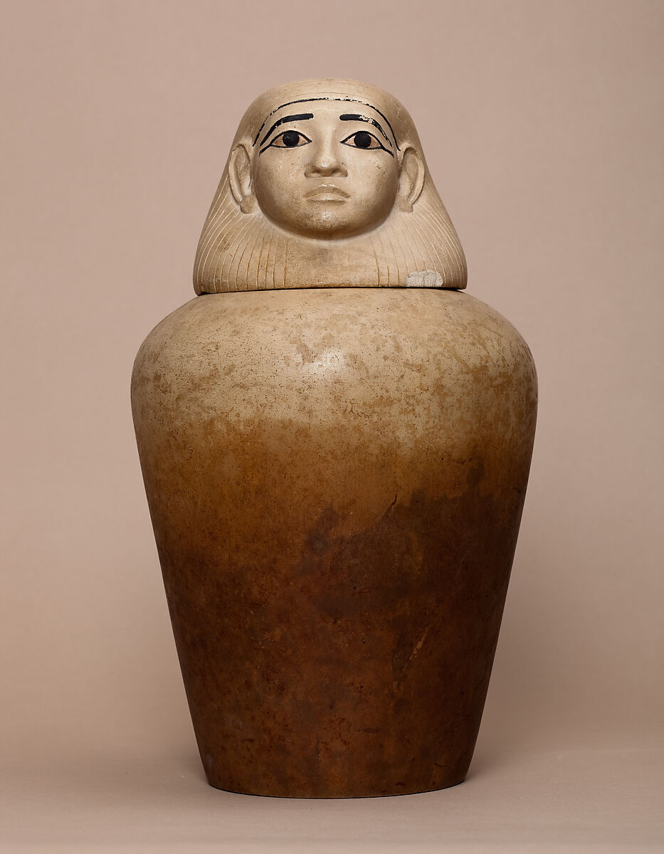 Canopic jar of Nephthys, Indurated limestone, paint, linen 