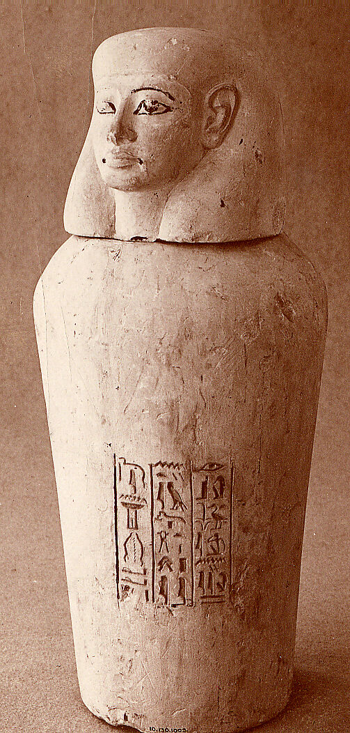Canopic jar of princess Any, Limestone, blue paste in inscription, linen, possibly human remains
