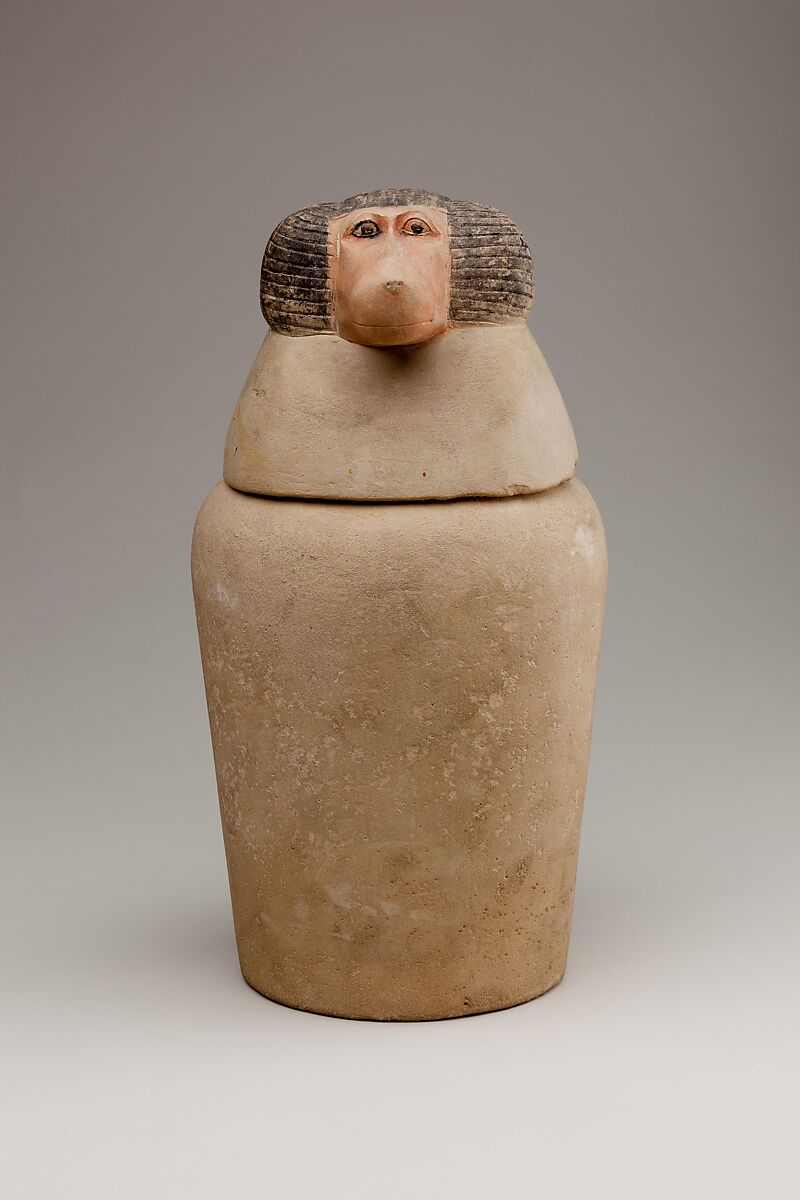 Canopic Jar Representing the Deity Hapy, Limestone, paint 