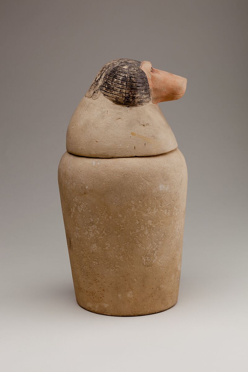 Canopic Jar Representing the Deity Hapy, Limestone, paint