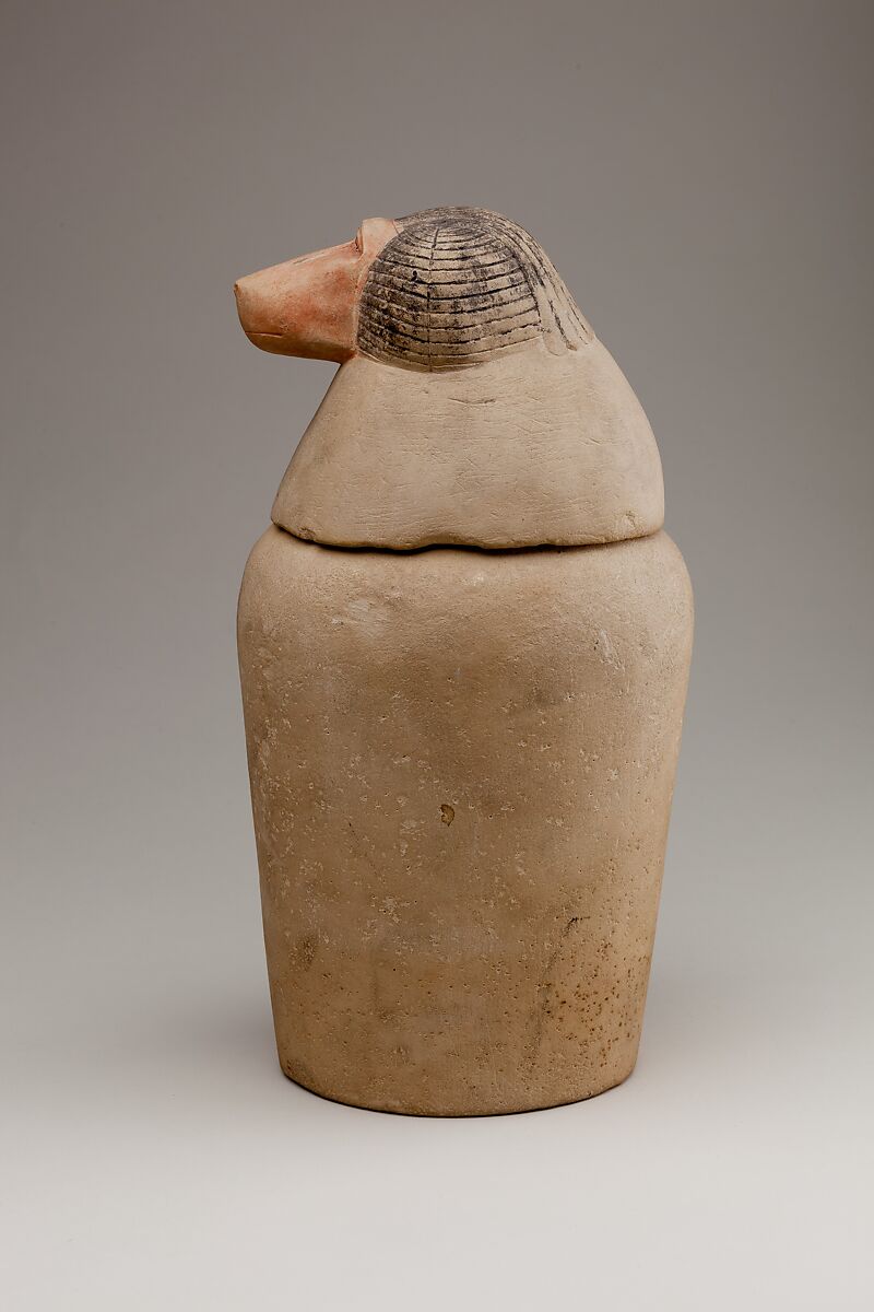 Canopic Jar Representing the Deity Hapy, Limestone, paint