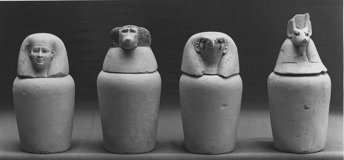 Canopic Jar Representing the Deity Qebehsenuef, Limestone, paint