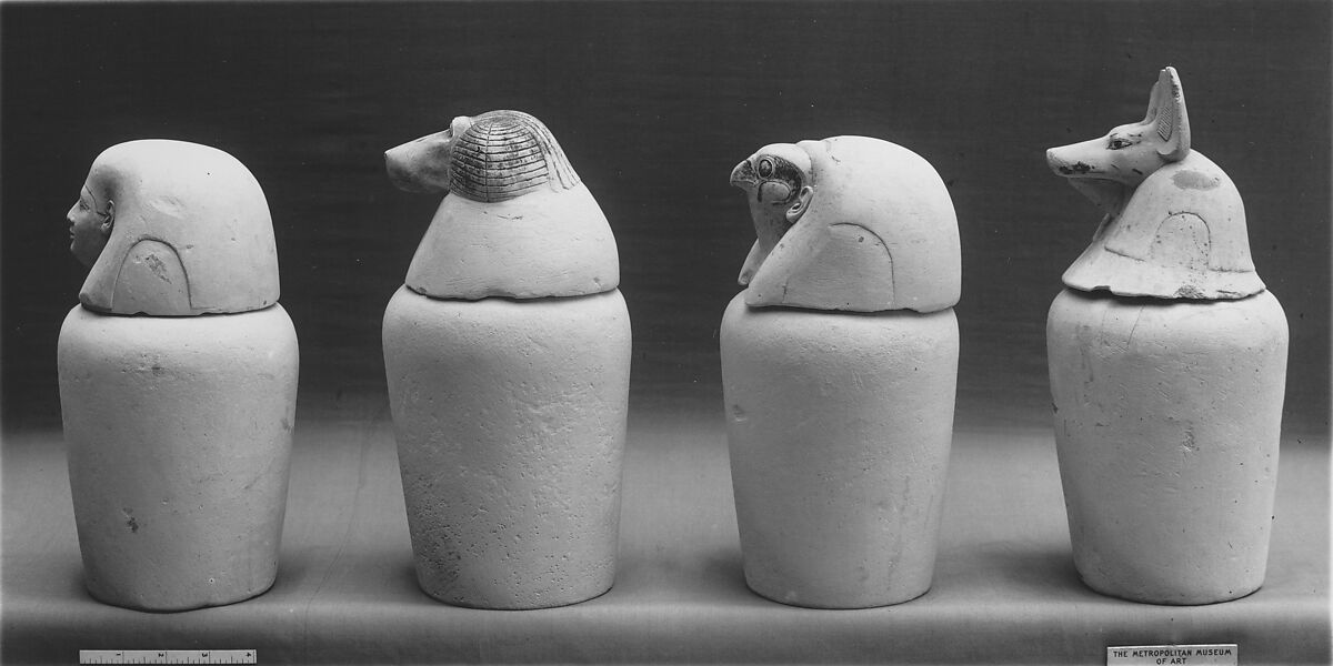 Canopic Jar Representing the Deity Qebehsenuef, Limestone, paint