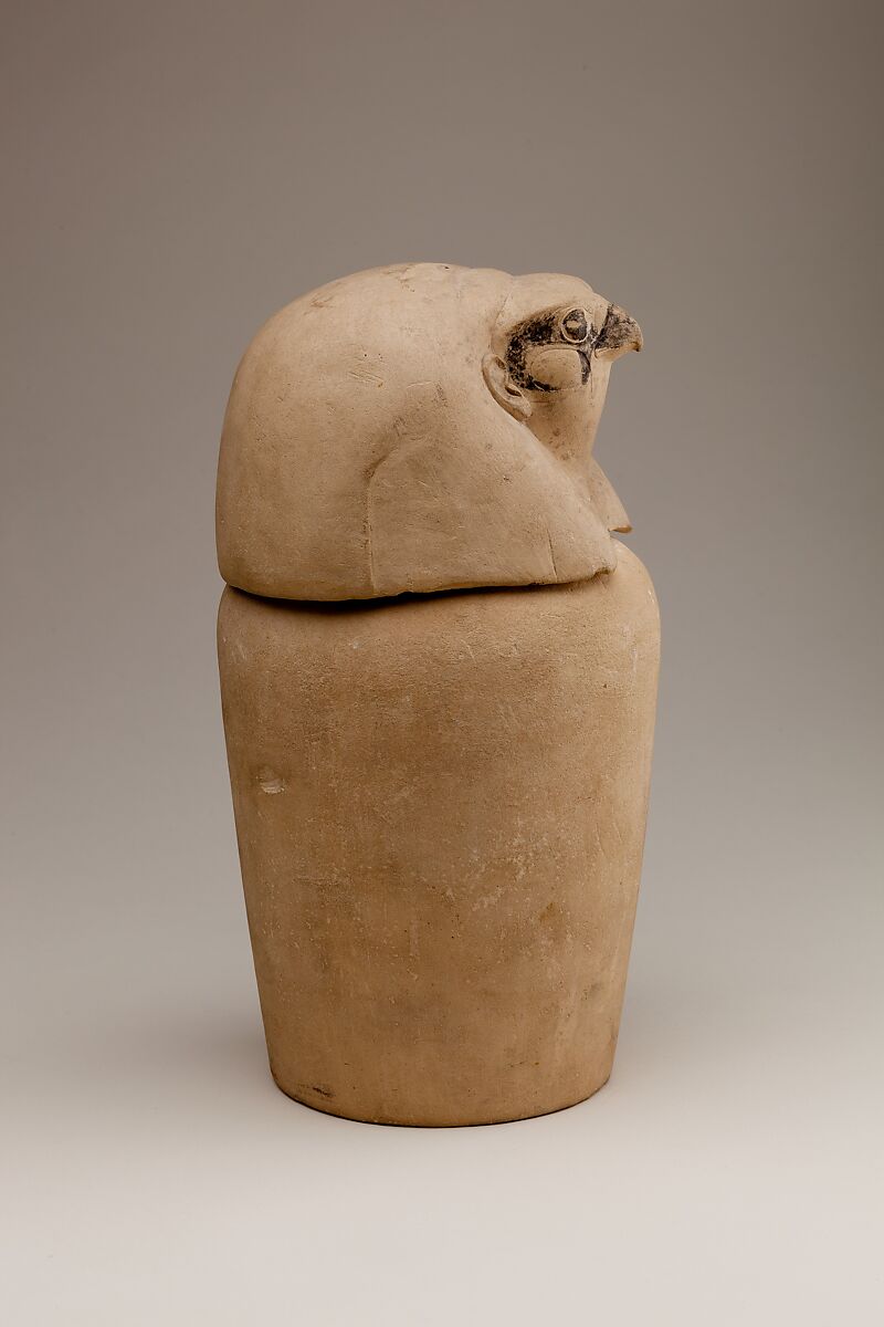 Canopic Jar Representing the Deity Qebehsenuef, Limestone, paint