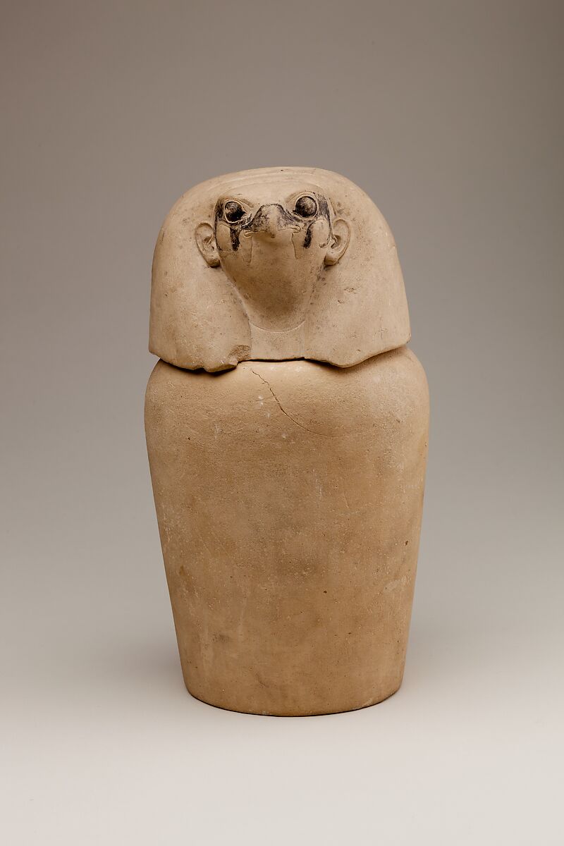 Canopic Jar Representing the Deity Qebehsenuef, Limestone, paint