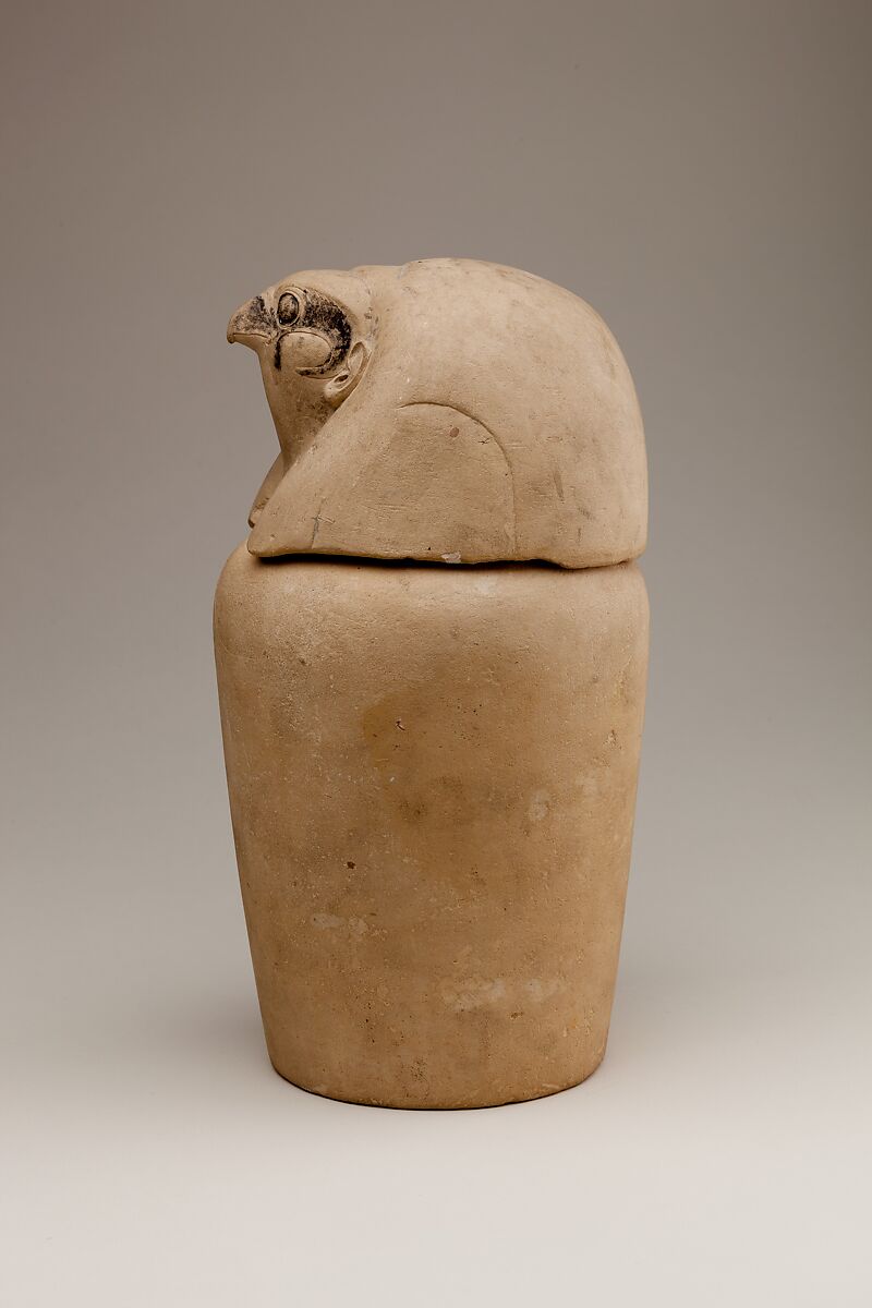 Canopic Jar Representing the Deity Qebehsenuef, Limestone, paint